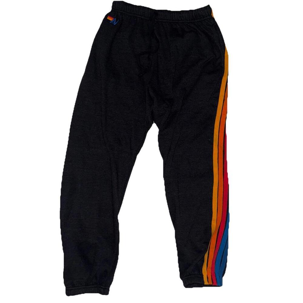 Aviator Nation Sweatpants Womens Small Black Rainbow 5-Stripe Fleece Jogger - Picture 8 of 9